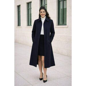 Burberrys Vintage Navy Wool Long Coat With Plaid Lining & Pockets Womens Made In